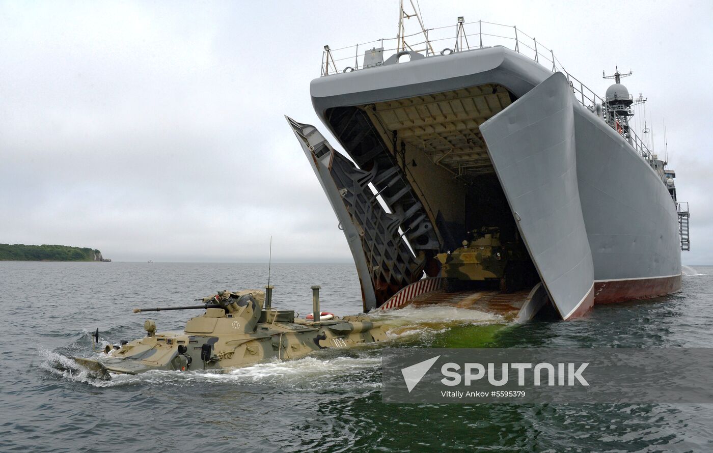 Naval infantry in training with BTR-82A armored personnel carriers in Vladivostok