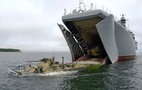 Naval infantry in training with BTR-82A armored personnel carriers in Vladivostok