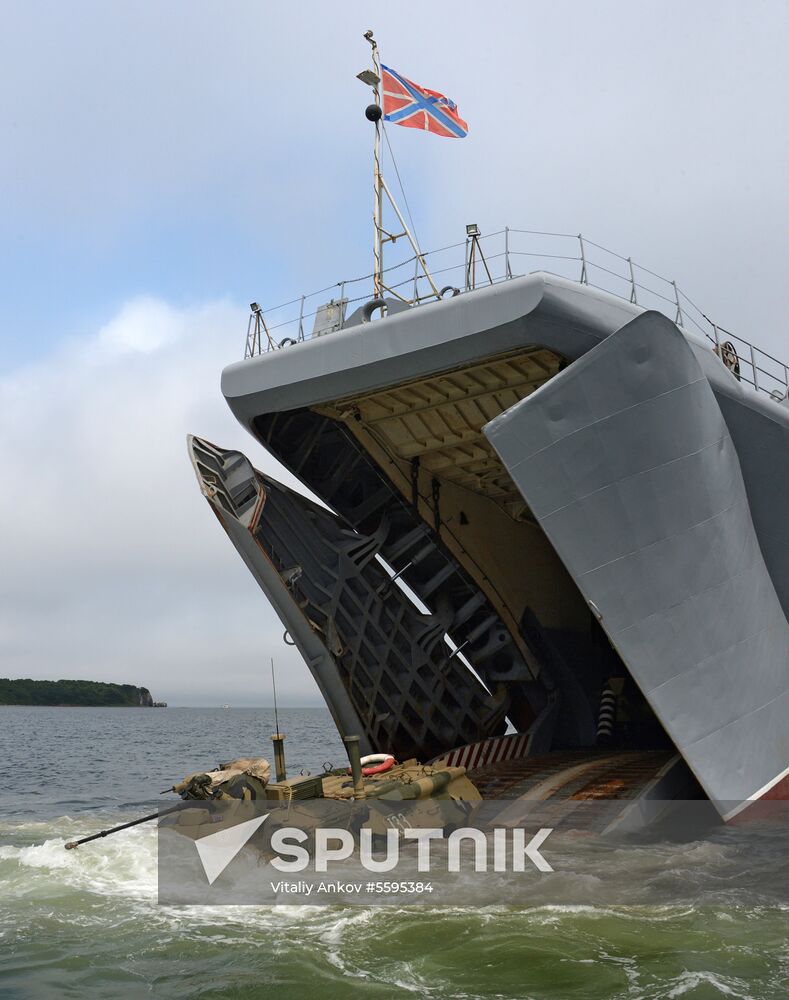 Naval infantry in training with BTR-82A armored personnel carriers in Vladivostok