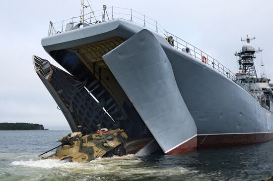 Naval infantry in training with BTR-82A armored personnel carriers in Vladivostok