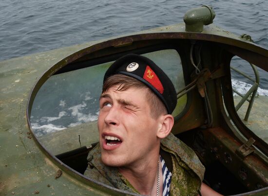 Naval infantry in training with BTR-82A armored personnel carriers in Vladivostok