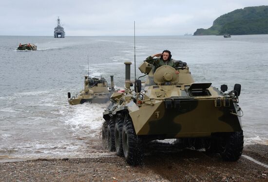 Naval infantry in training with BTR-82A armored personnel carriers in Vladivostok