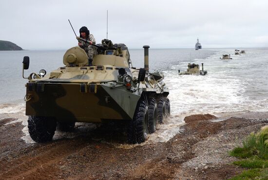 Naval infantry in training with BTR-82A armored personnel carriers in Vladivostok