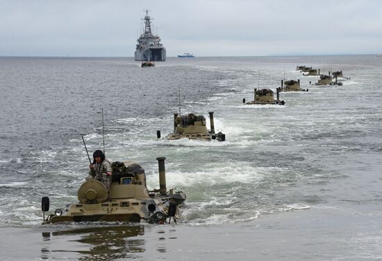 Naval infantry in training with BTR-82A armored personnel carriers in Vladivostok