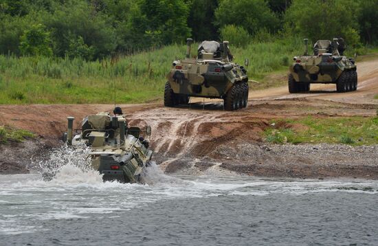 Naval infantry in training with BTR-82A armored personnel carriers in Vladivostok