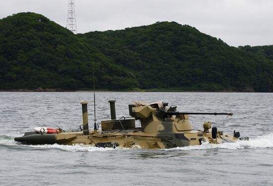Naval infantry in training with BTR-82A armored personnel carriers in Vladivostok