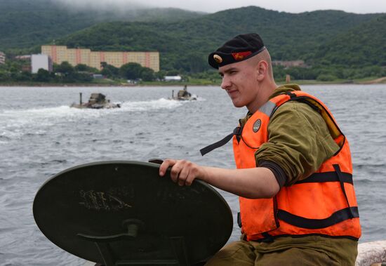 Naval infantry in training with BTR-82A armored personnel carriers in Vladivostok