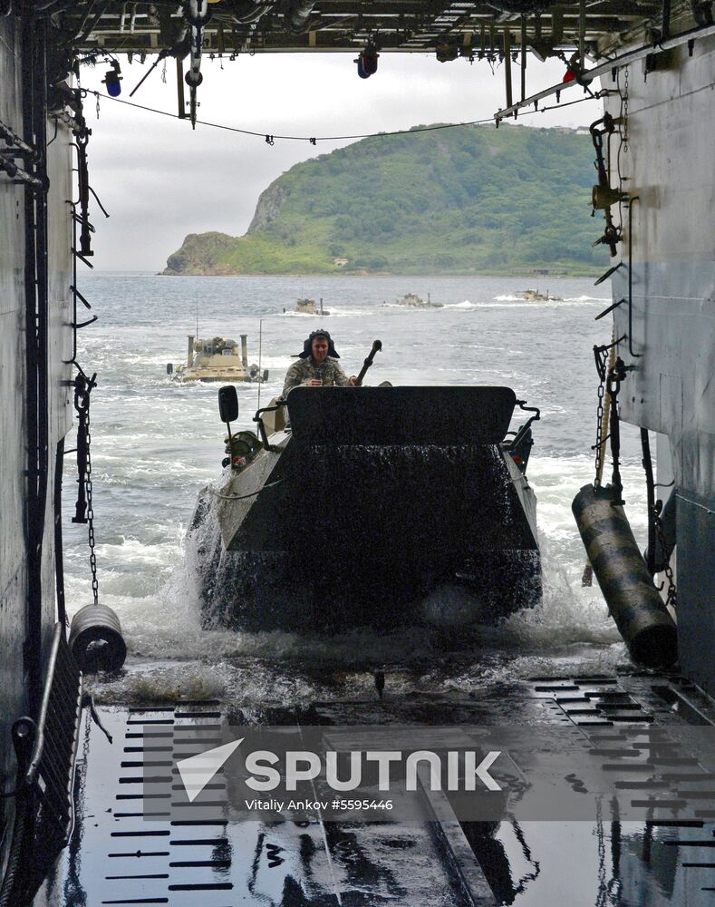 Naval infantry in training with BTR-82A armored personnel carriers in Vladivostok