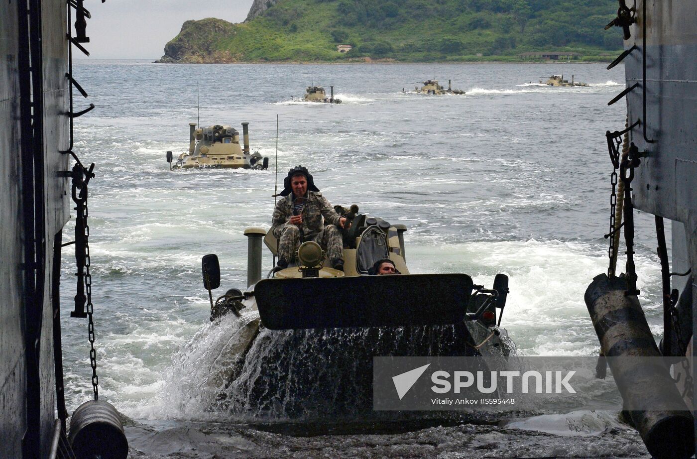 Naval infantry in training with BTR-82A armored personnel carriers in Vladivostok