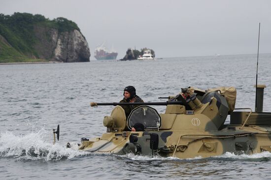 Naval infantry in training with BTR-82A armored personnel carriers in Vladivostok