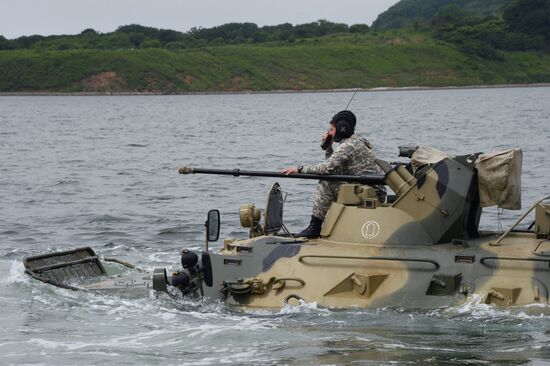 Naval infantry in training with BTR-82A armored personnel carriers in Vladivostok