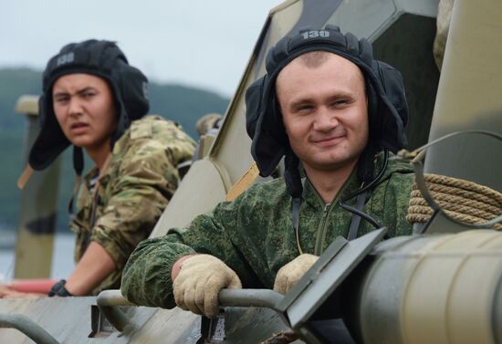 Naval infantry in training with BTR-82A armored personnel carriers in Vladivostok