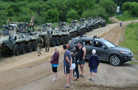 Naval infantry in training with BTR-82A armored personnel carriers in Vladivostok