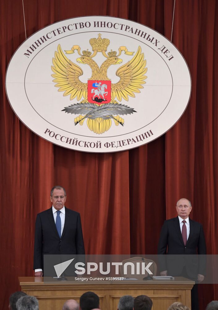 Russian President Vladimir Putin speaks at conference of Russian ambassadors and permanent representatives