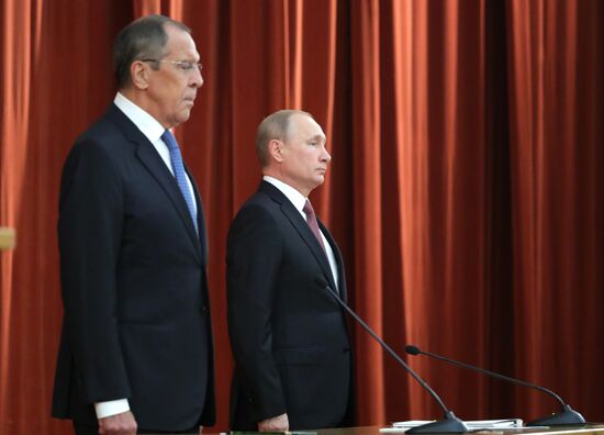Russian President Vladimir Putin speaks at conference of Russian ambassadors and permanent representatives