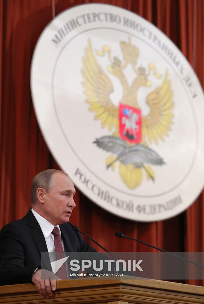 Russian President Vladimir Putin speaks at conference of Russian ambassadors and permanent representatives