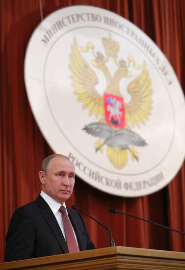 Russian President Vladimir Putin speaks at conference of Russian ambassadors and permanent representatives