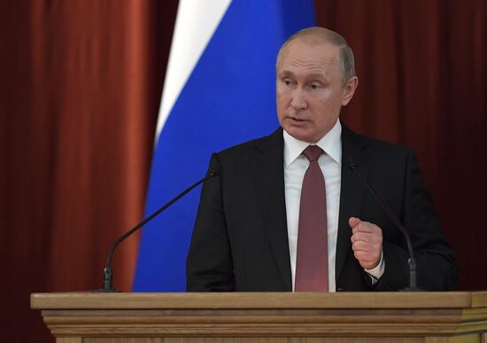 Russian President Vladimir Putin speaks at conference of Russian ambassadors and permanent representatives