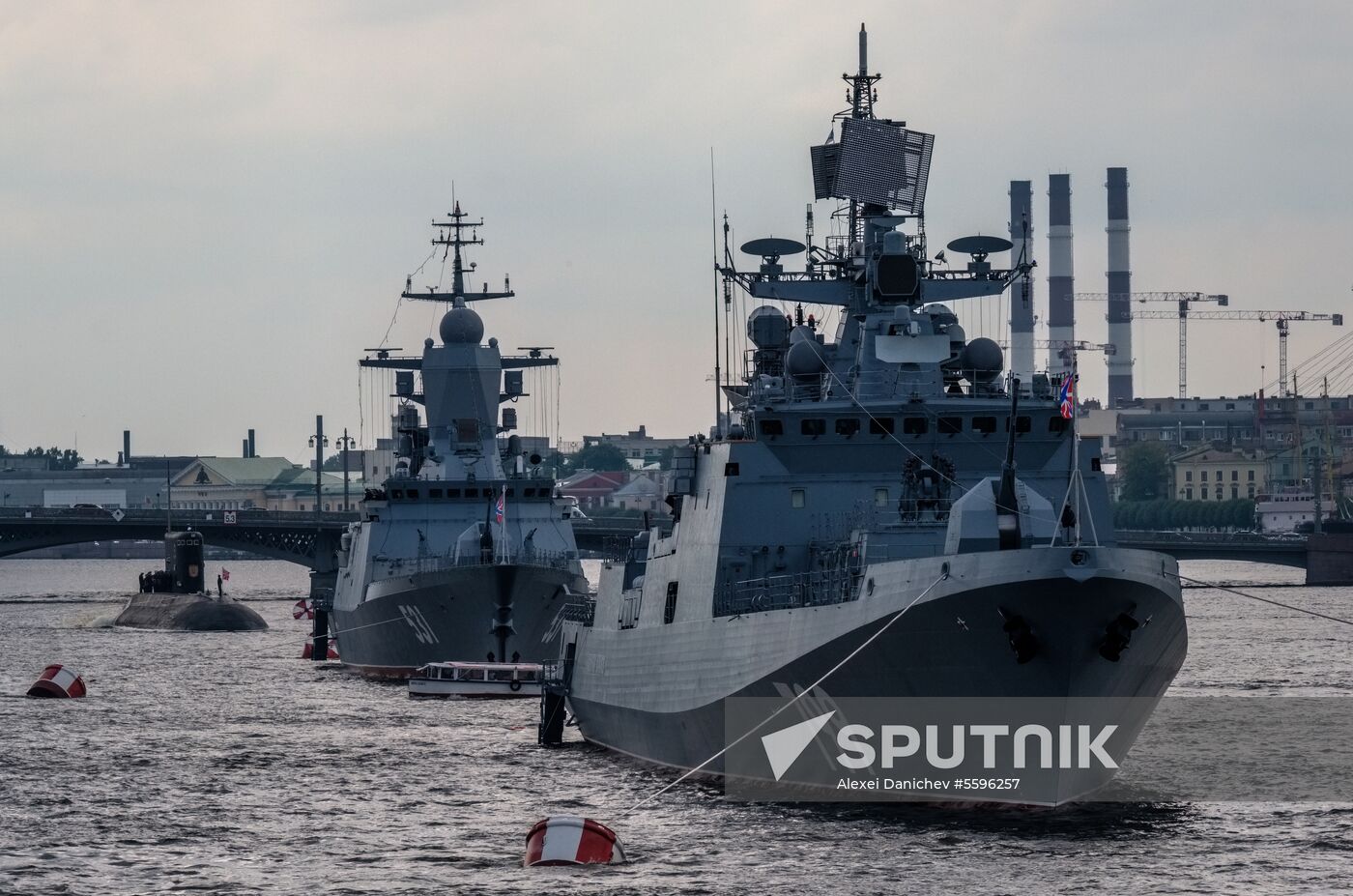 Russian Navy combat vessels on Neva River