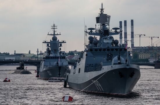 Russian Navy combat vessels on Neva River