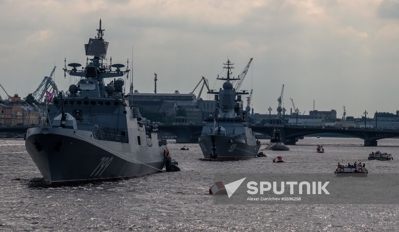 Russian Navy combat vessels on Neva River