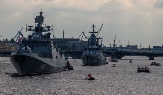 Russian Navy combat vessels on Neva River