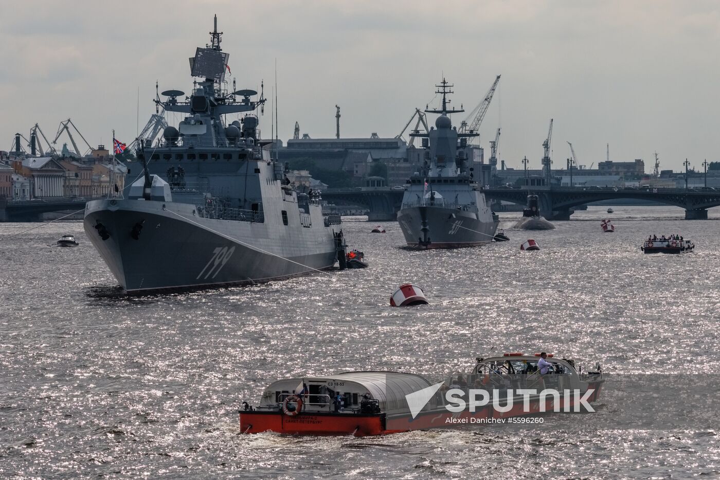 Russian Navy combat vessels on Neva River