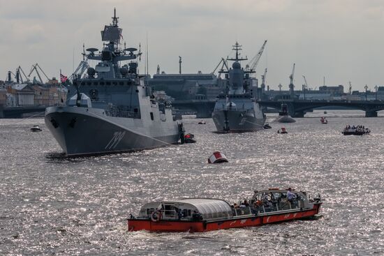 Russian Navy combat vessels on Neva River