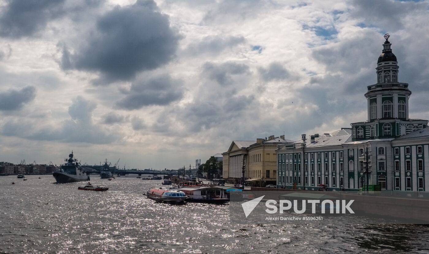 Russian Navy combat vessels on Neva River