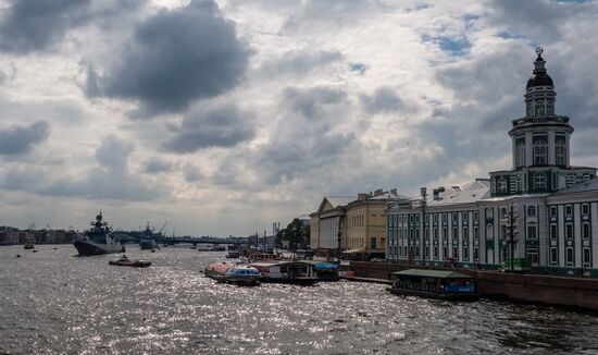 Russian Navy combat vessels on Neva River