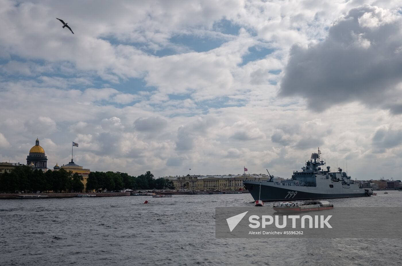 Russian Navy combat vessels on Neva River