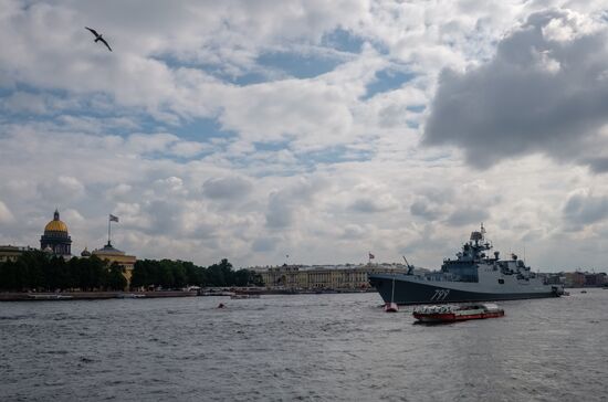 Russian Navy combat vessels on Neva River