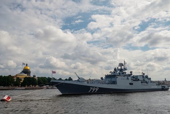 Russian Navy combat vessels on Neva River