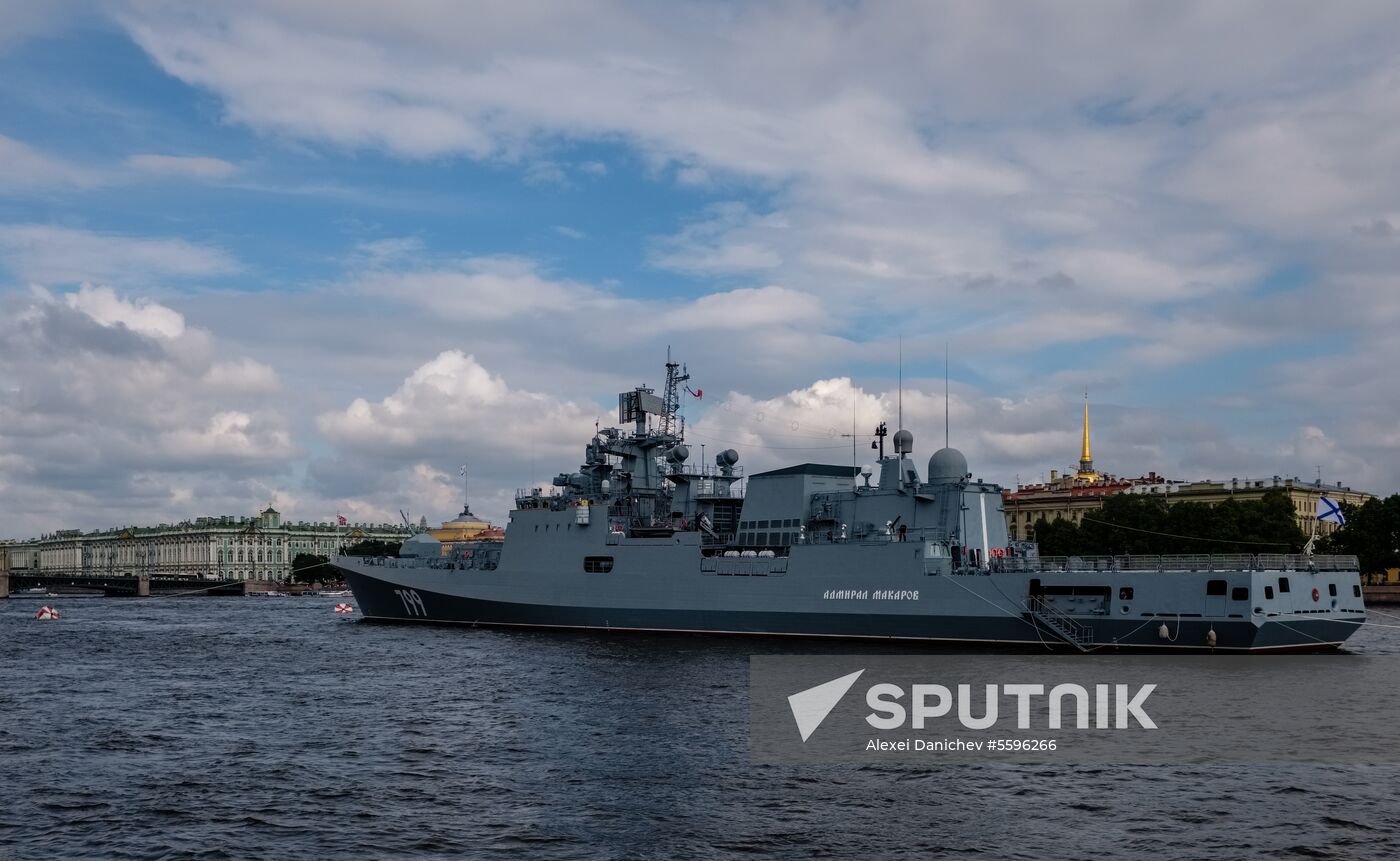 Russian Navy combat vessels on Neva River