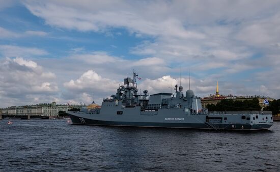 Russian Navy combat vessels on Neva River