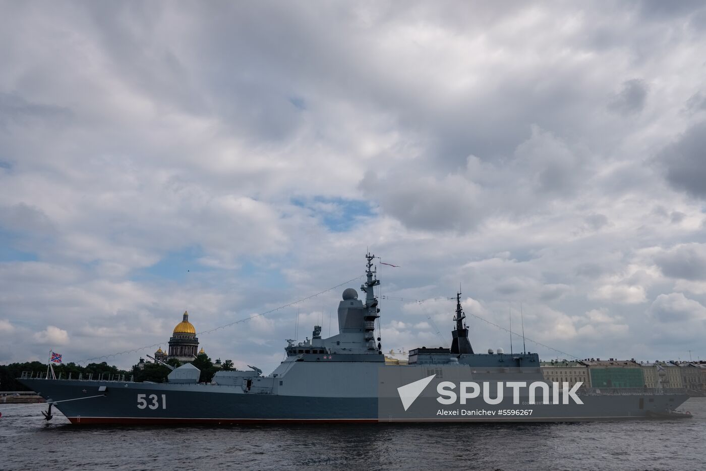 Russian Navy combat vessels on Neva River