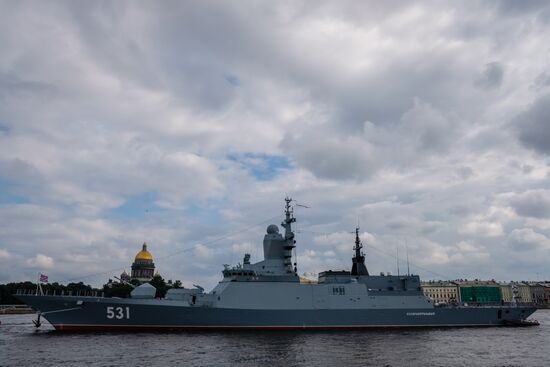 Russian Navy combat vessels on Neva River