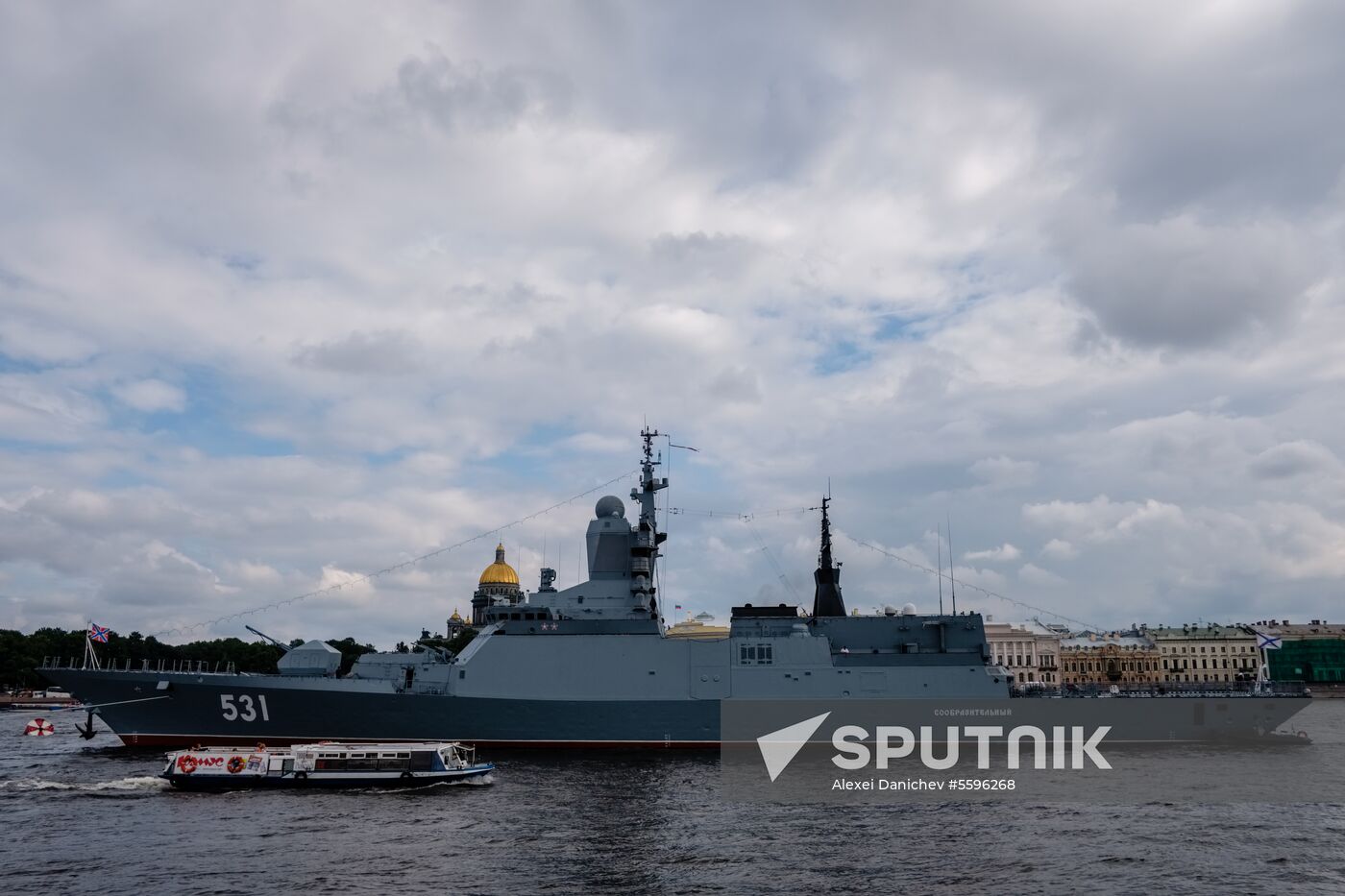 Russian Navy combat vessels on Neva River