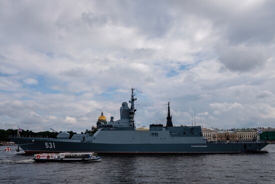 Russian Navy combat vessels on Neva River