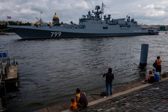 Russian Navy combat vessels on Neva River