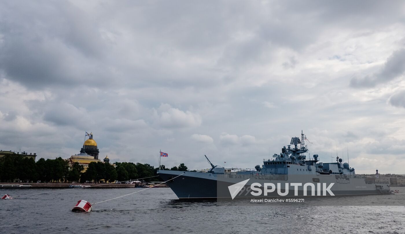 Russian Navy combat vessels on Neva River