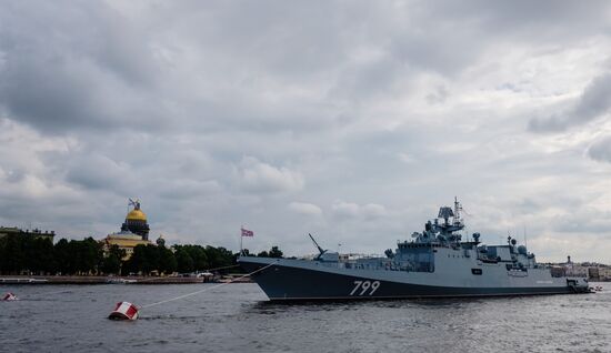 Russian Navy combat vessels on Neva River