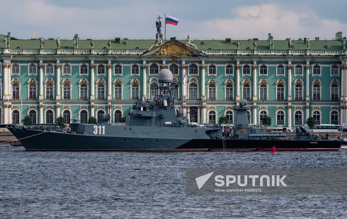 Russian Navy combat vessels on Neva River