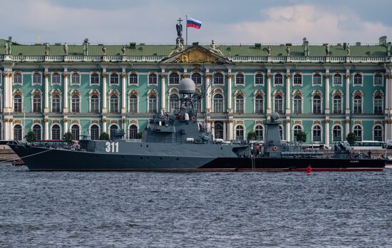 Russian Navy combat vessels on Neva River