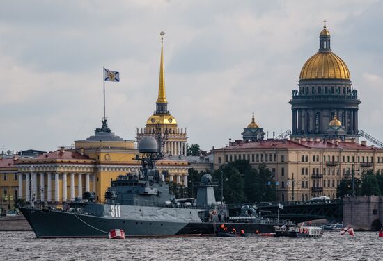 Russian Navy combat vessels on Neva River