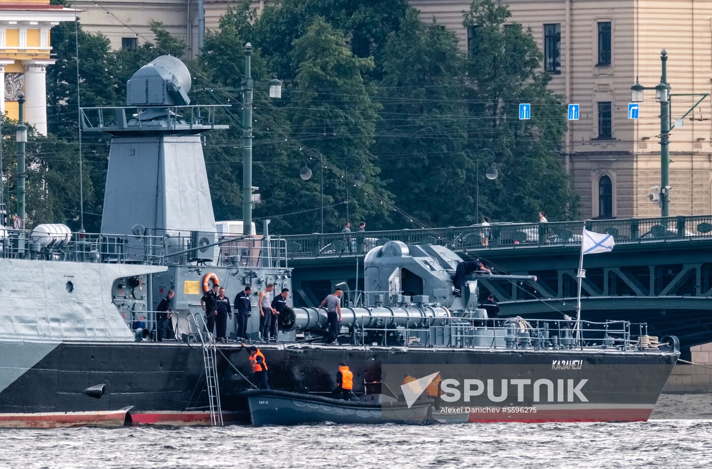 Russian Navy combat vessels on Neva River