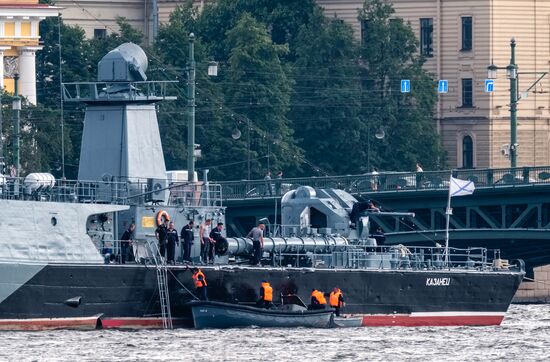 Russian Navy combat vessels on Neva River