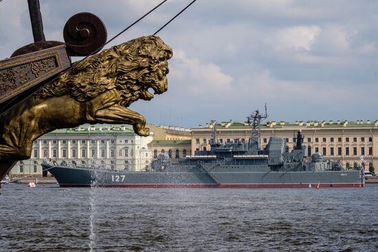 Russian Navy combat vessels on Neva River