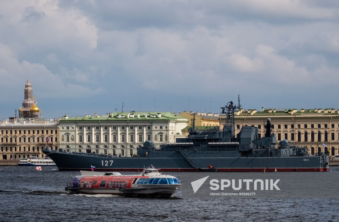 Russian Navy combat vessels on Neva River