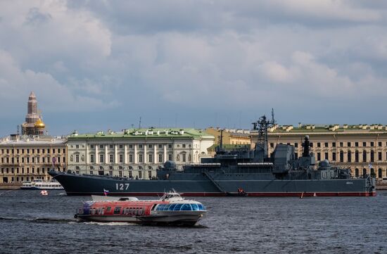 Russian Navy combat vessels on Neva River